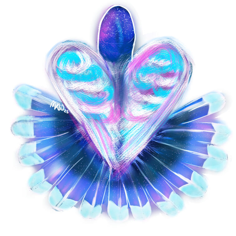 Digital art of a pigeon from behind with its wings slightly spread, the feathers in shades of the transgender pride flag, pink, white, and blue.