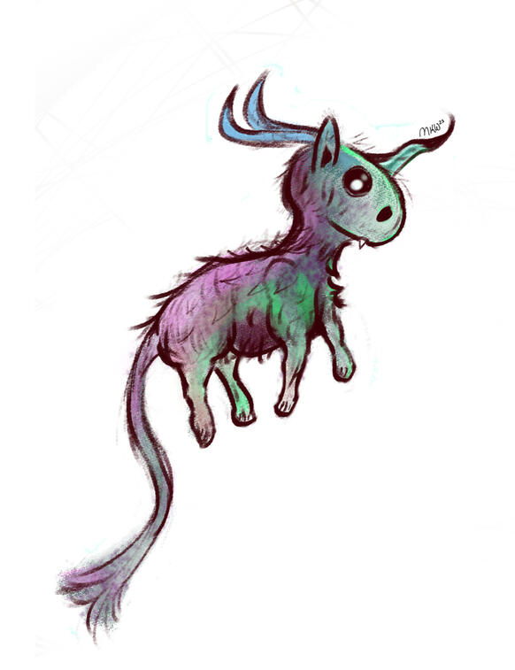 Digital art of a small creature with a capybara shaped head, two horns that twist backward behind its ears, and a third horn that twists forward from the front. It's fur is fuzzy and in shades of green and purple, with large shiny black eyes. It has a long