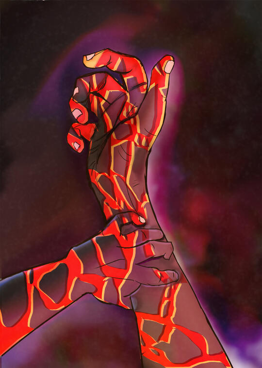 Digital artwork of two arms from the subject's above point-of-view as the left clutches painfully at the forearm of the right. Red, orange, and yellow lines weave randomly over the arms with an agonizing warmth, similar to lava. The background is dark shad