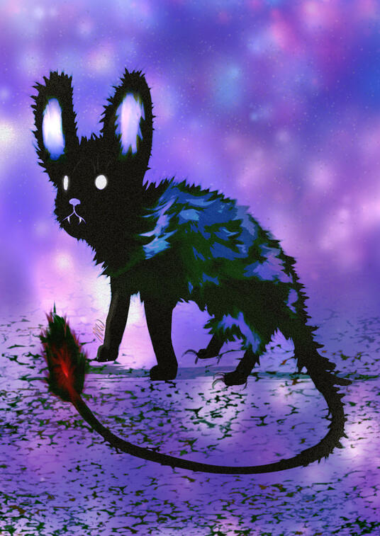Digital art of a small four-legged creature with a long tail, large bunny ears standing upward, and fuzzy galaxy-colored fur. Its eyes are glowing white orbs, with a feline muzzle and small white fangs showing. Its tail ends in a larger tuft of fur with a